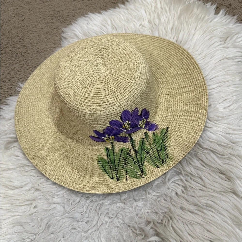 Joy Susan Hand Painted Woven Paper Floral Brim Sunhat OS‎